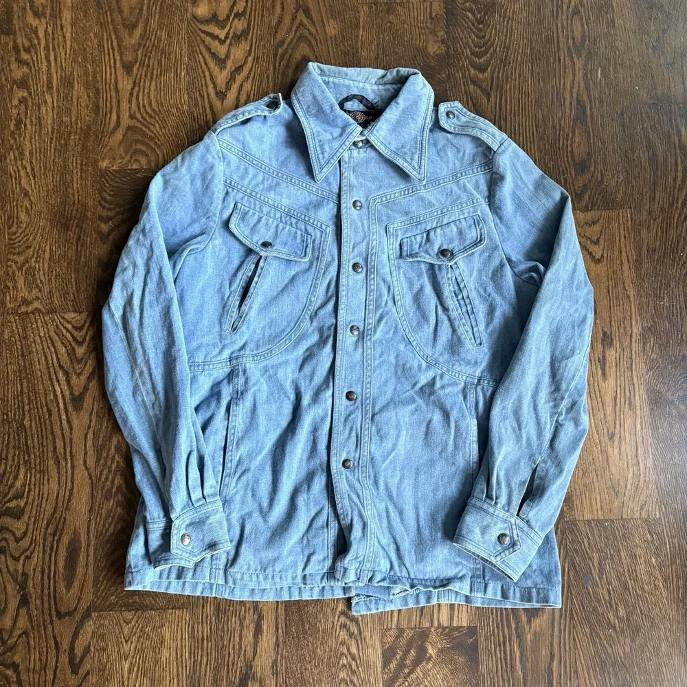Vtg 70s Denim Safari Jacket Hong Kong Dagger Collar Epaulettes Workwear Coat 42